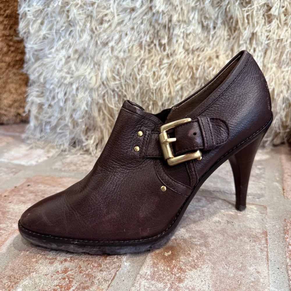 Brown Leather Gold Buckle Heeled Ankle Boo… - Picture 2 of 12